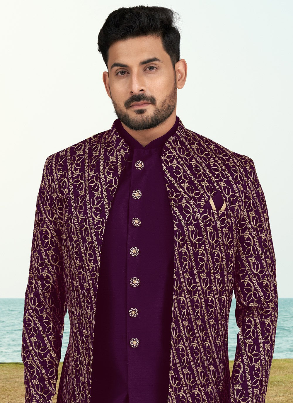 Machine Embroidery Banarasi Silk Purple Sherwani - M6774