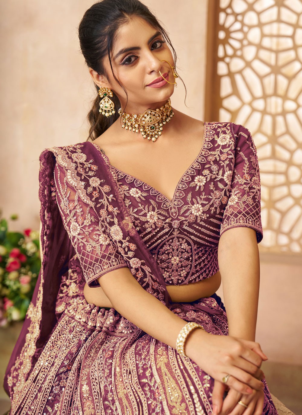 Embroidered Net Purple A - Line Lehenga L3795