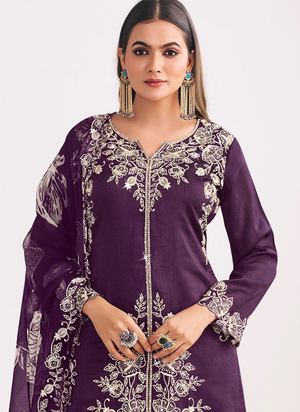 Palazzo Suit Embroidered Purple T8574