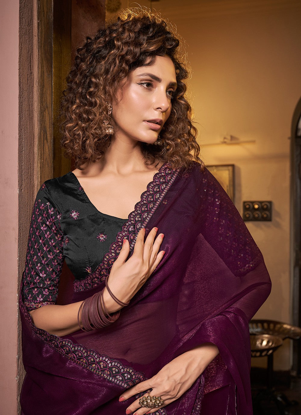 Trendy Embroidered Chiffon Saree - S3425