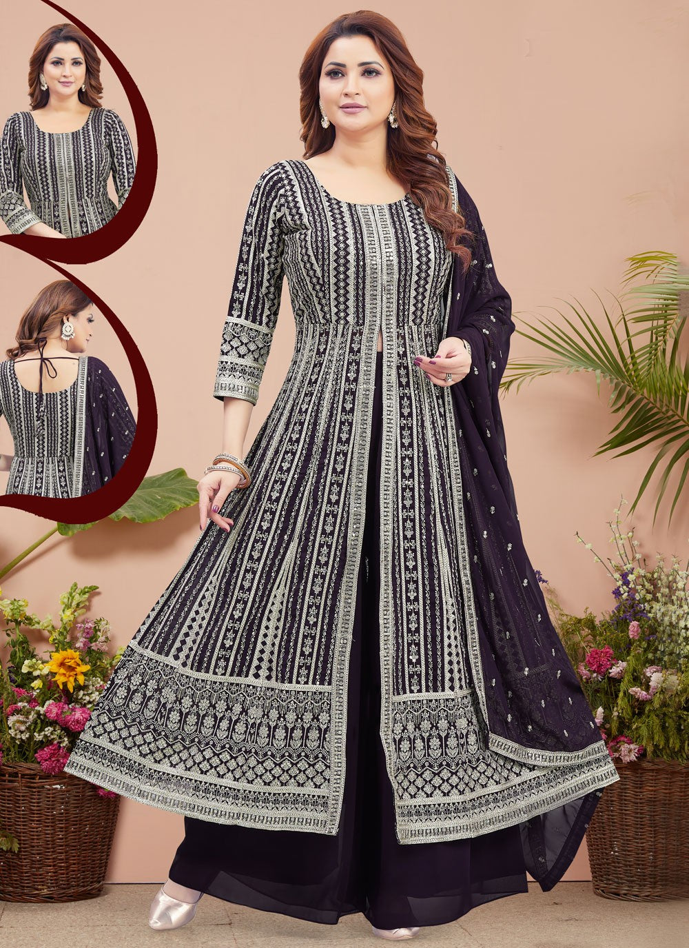 Palazzo Suit Embroidered Purple T6628
