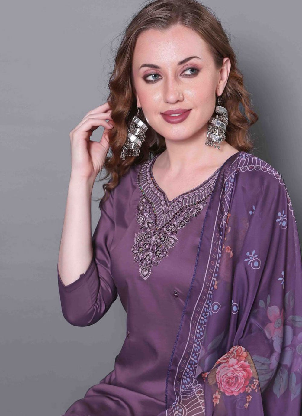 Salwar Suit Embroidered Purple Silk T5884