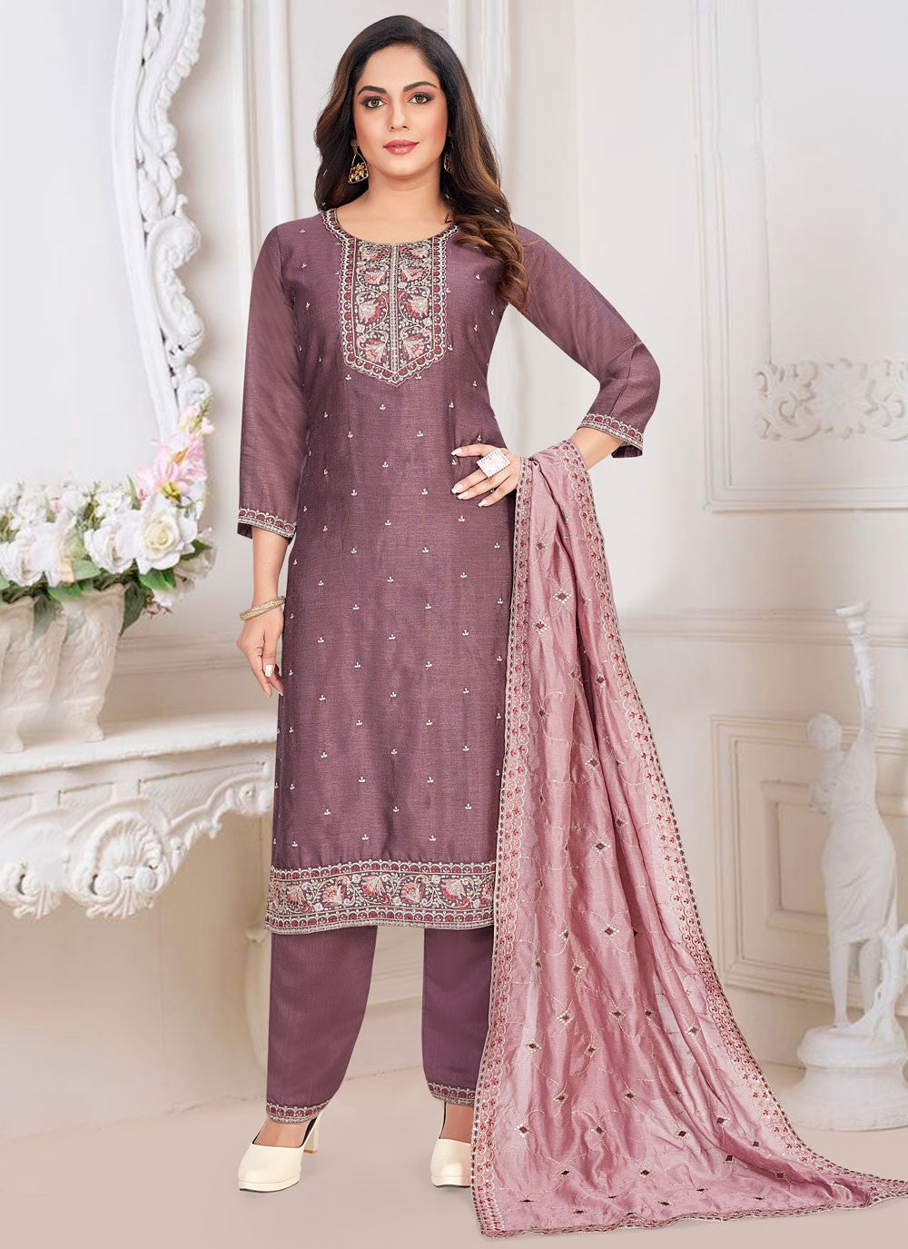 Salwar Suit Embroidered Purple Vichitra Silk T5757