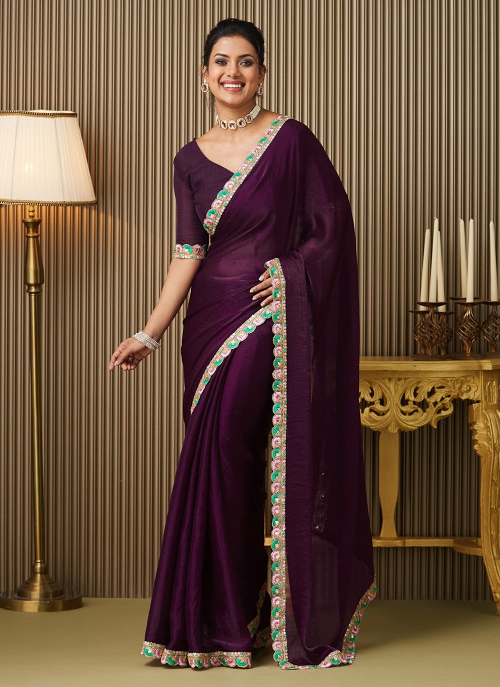 Purple Chiffon Classic Saree Embroidered S16937
