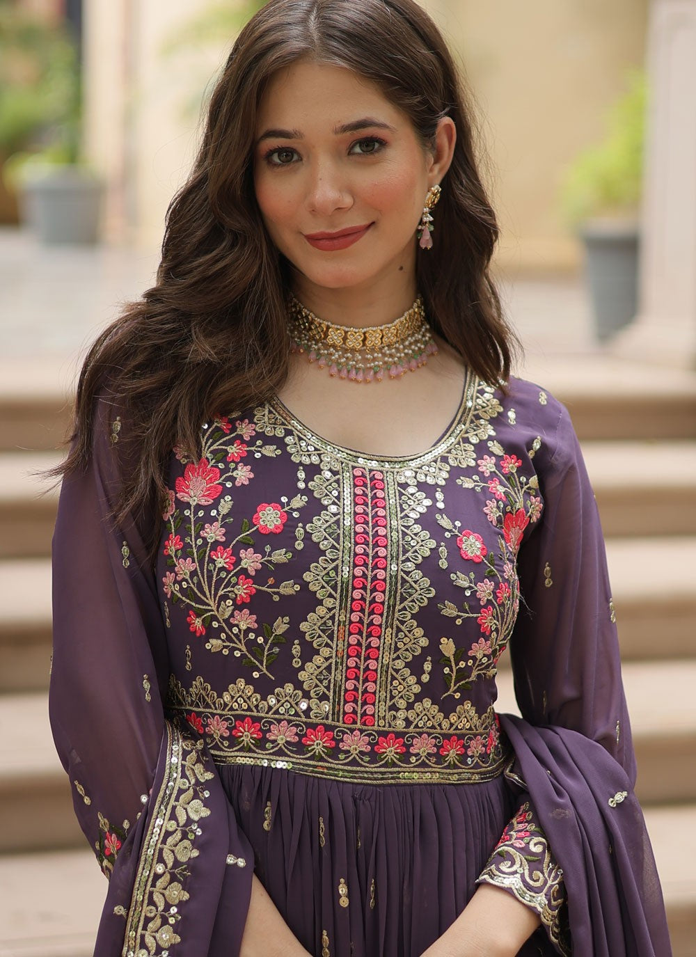 Salwar Suit Embroidered Purple Faux Georgette T5052