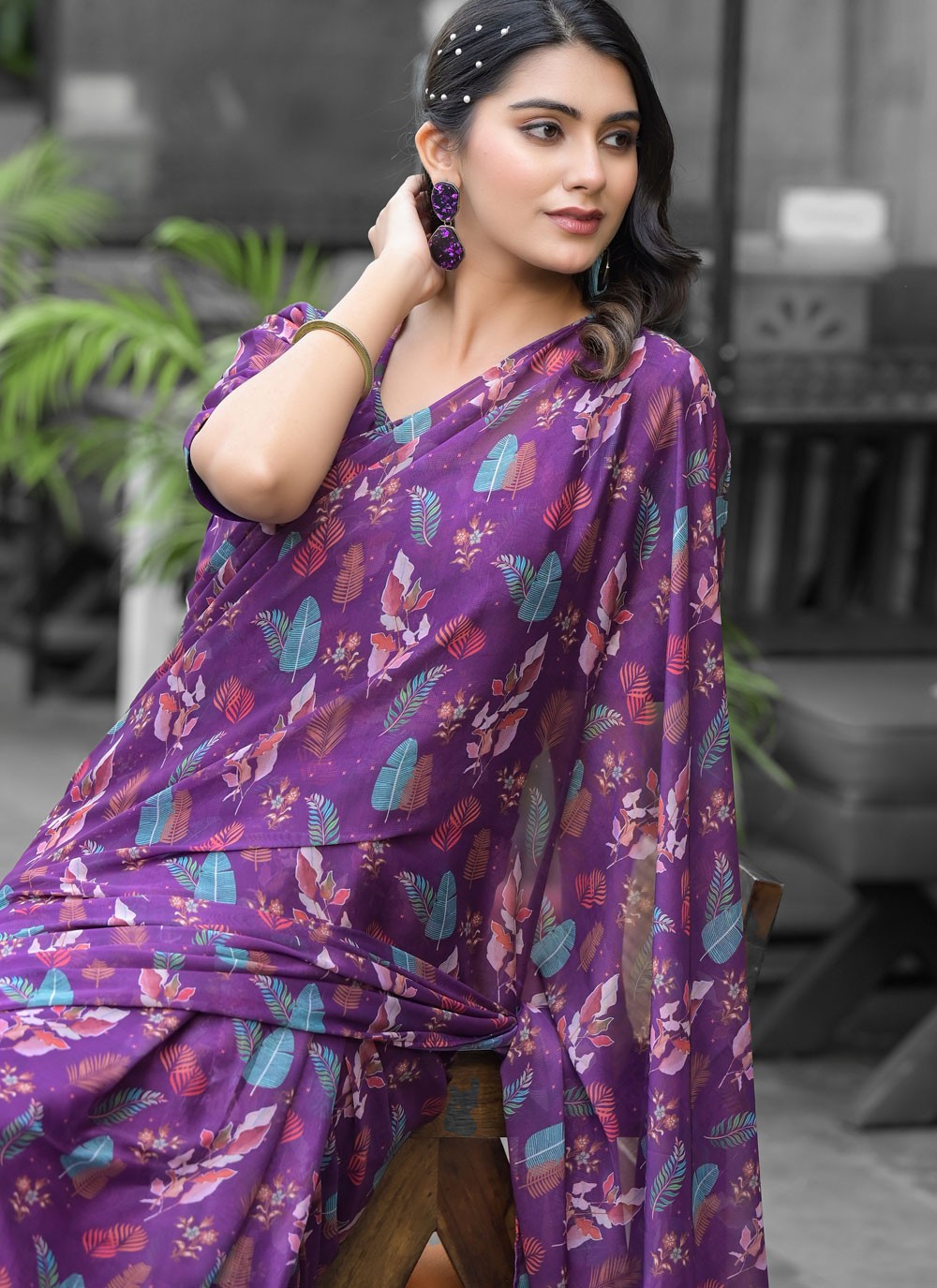 Digital Print Georgette Purple Saree S14540