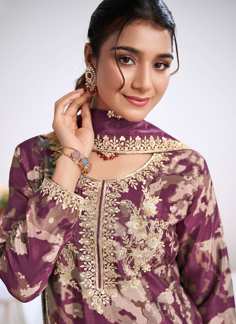 Palazzo Suit Embroidered, Printed, Sequins, Zari Purple T8271