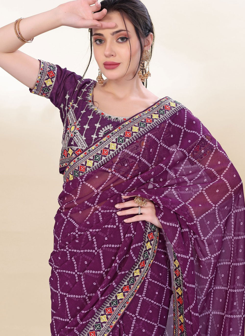 Border Work Georgette Purple Saree S14056