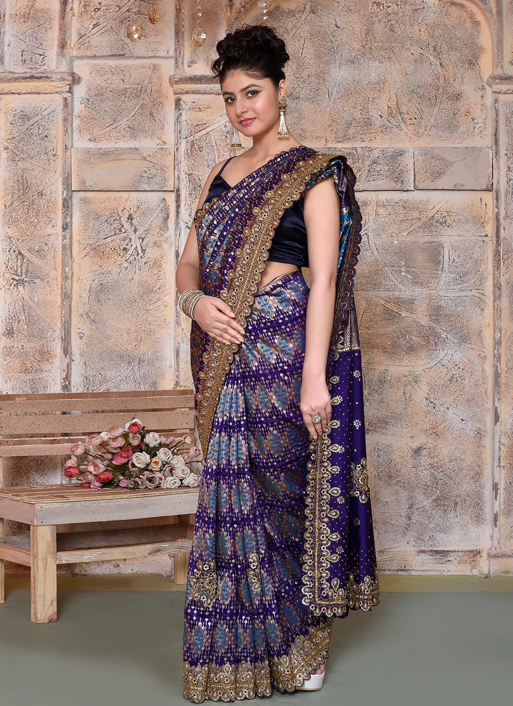 Hand Embroidery Kanjivaram Silk Purple Saree S14359