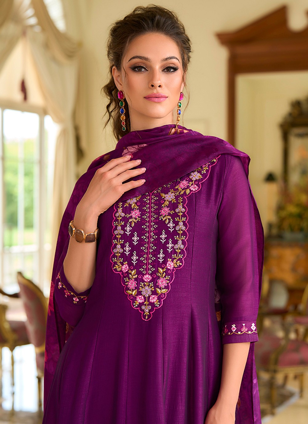 Anarkali Embroidered, Hand Embroidery Purple T8162