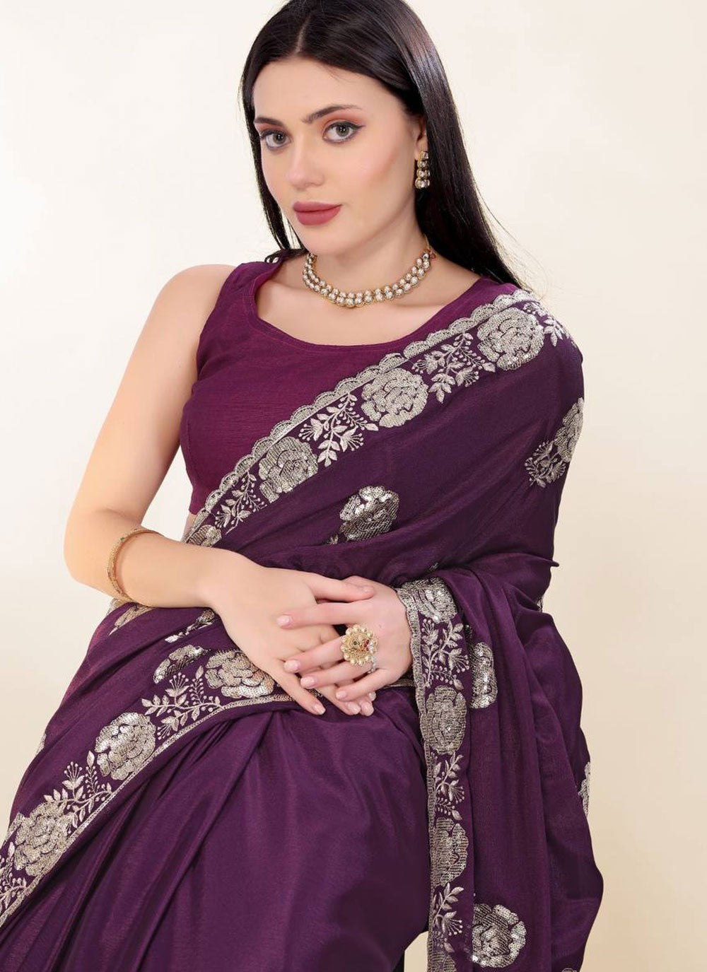 Embroidered Chinon Purple Saree S13809