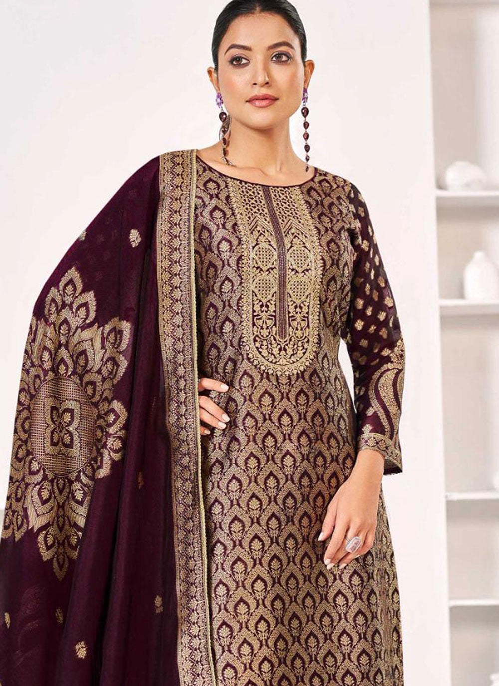 Pant Style Suit Jacquard Work Purple T6693