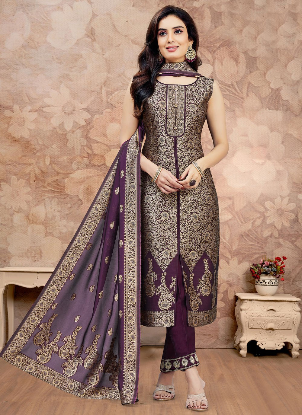 Salwar Suit Jacquard Work Purple T7592