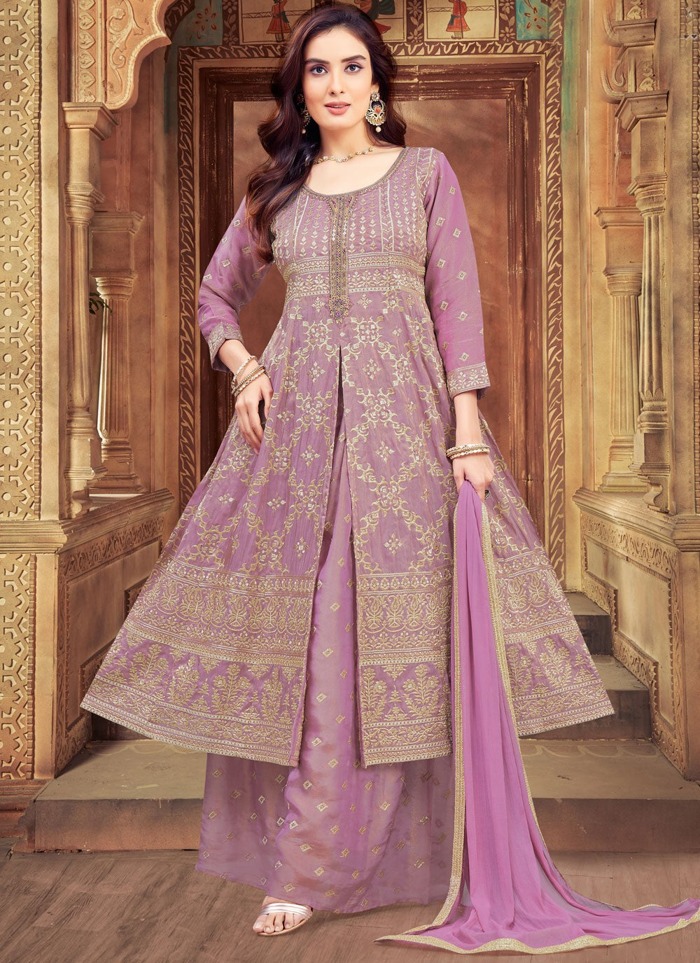 Palazzo Suit Embroidered, Zari Purple T6622