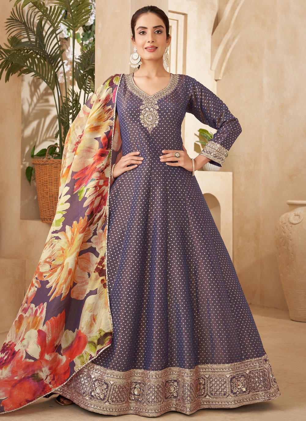 Embroidered Silk Purple Gown G19846