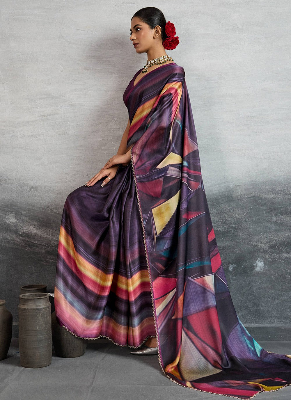 Purple Satin Silk Contemporary Saree Digital Print S18247