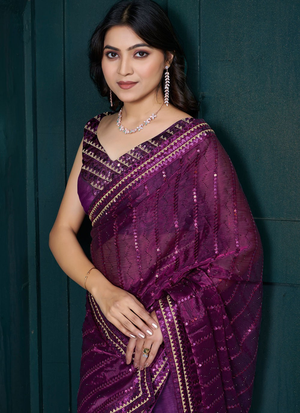 Sequins Organza Purple Classic Saree S15203