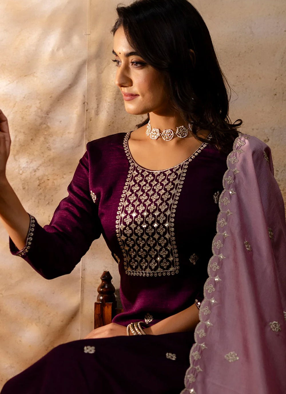 Embroidered Silk Blend Purple Pant Style Suit T6362