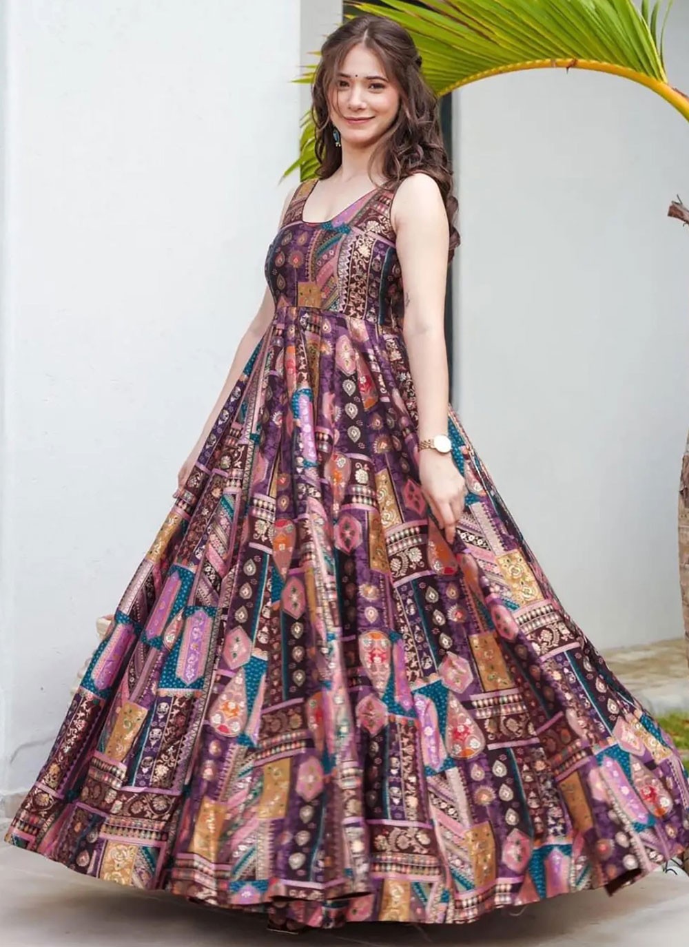 Digital Print Silk Purple Gown G19852