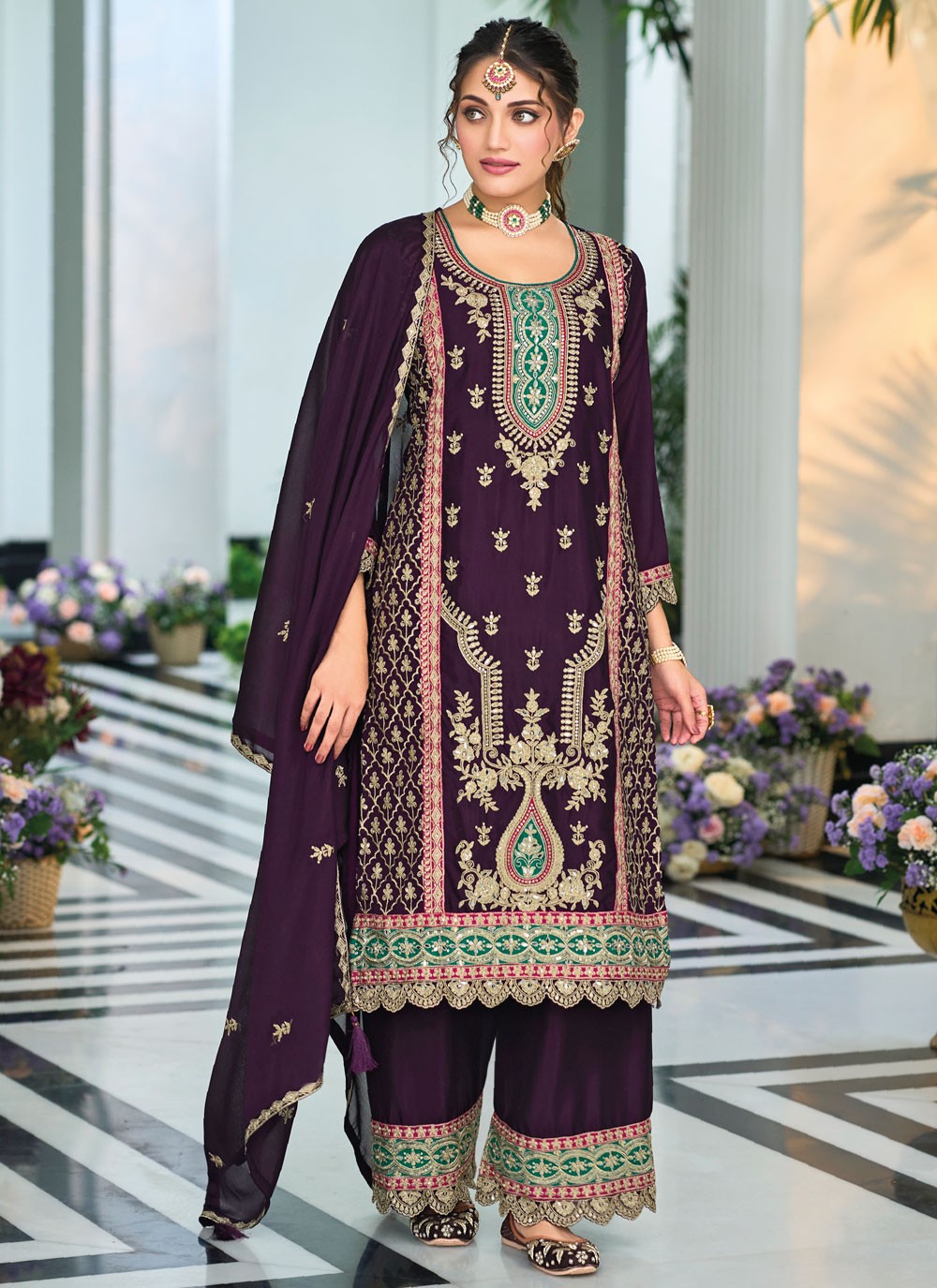 Salwar Suit Embroidered Purple Chinon T5512