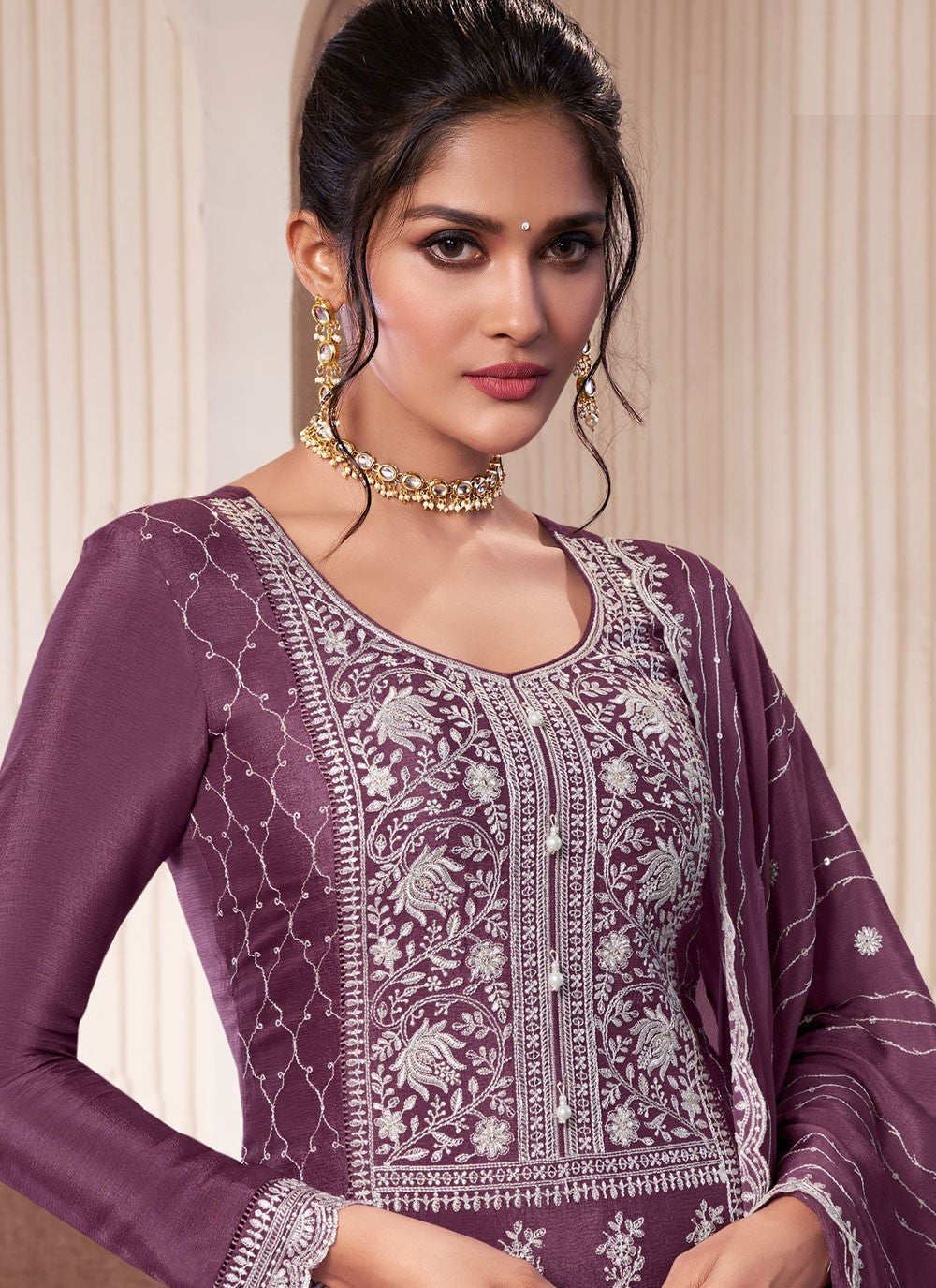 Sharara Suit Embroidered, Thread Purple T7061