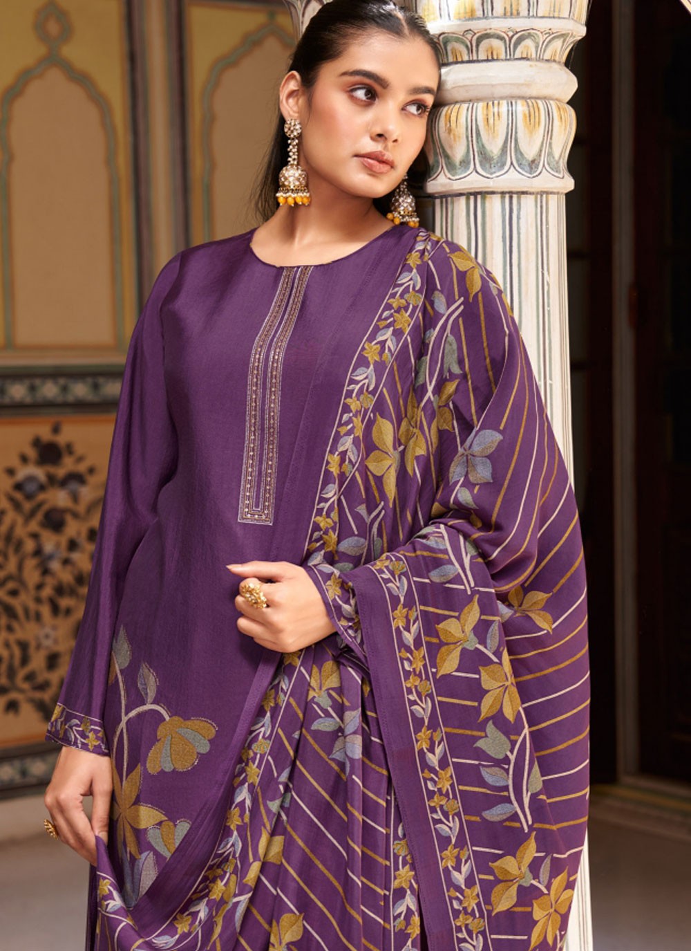 Salwar Suit Embroidered Purple Muslin T5181