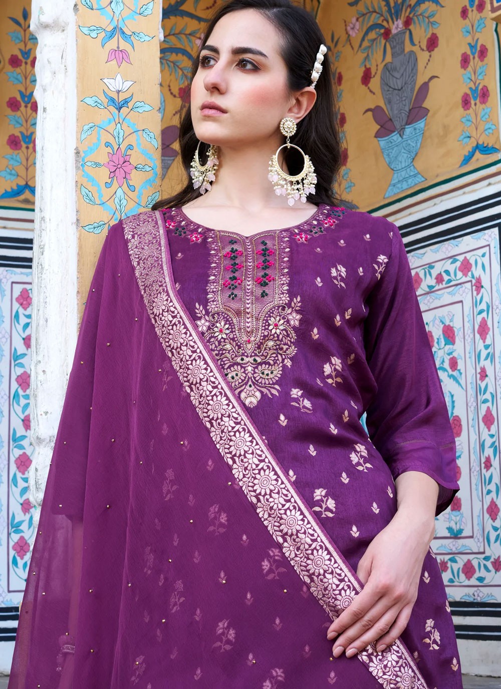 Pant Style Suit Embroidered, Jacquard Work, Zari Purple T6907