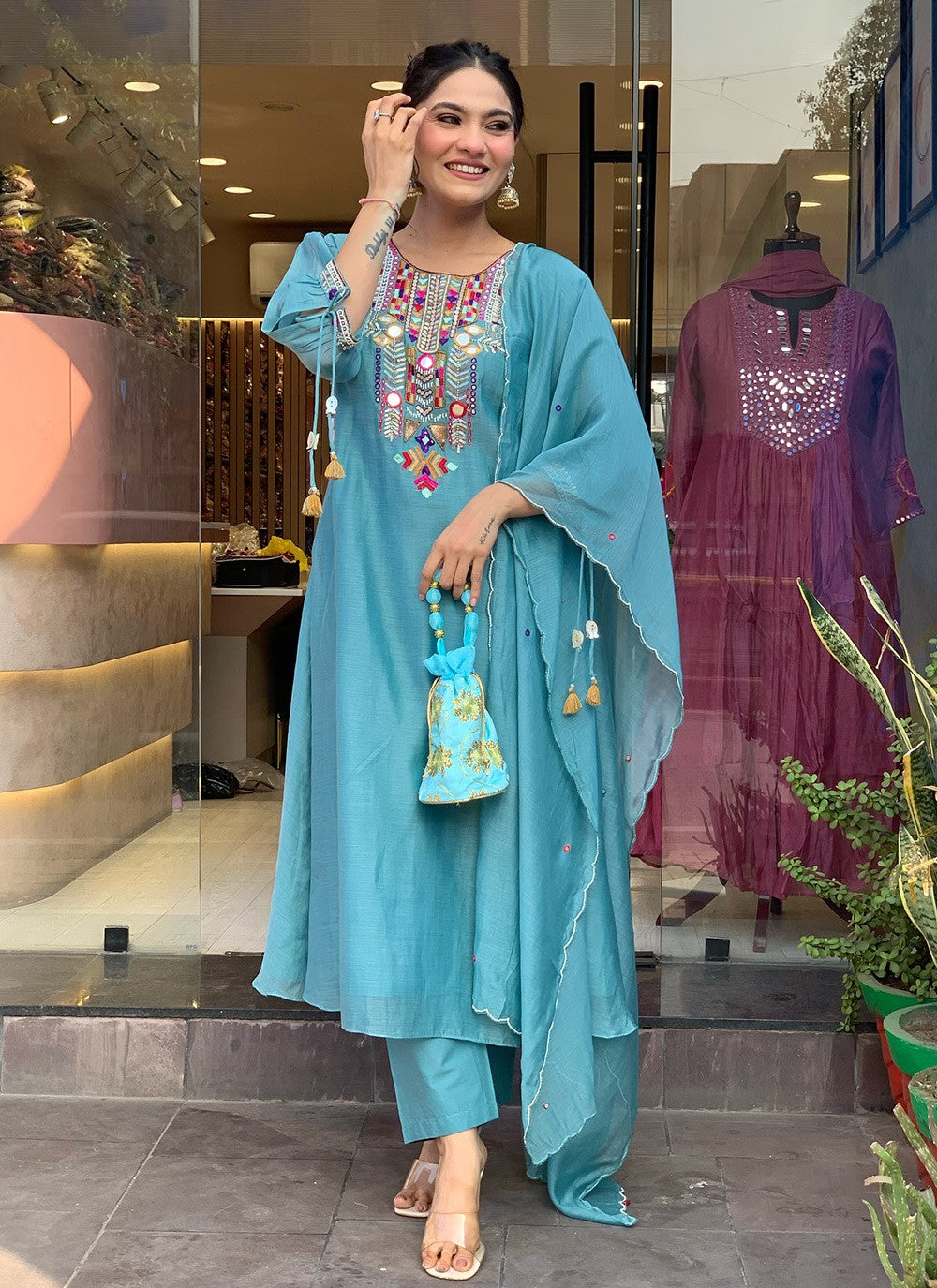 Embroidered Chanderi Silk Rama Pant Style Suit T6256