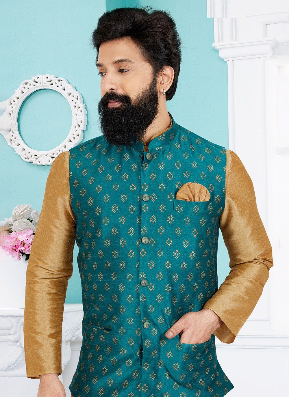 Printed Banarasi Silk Rama Nehru Jackets - M7486