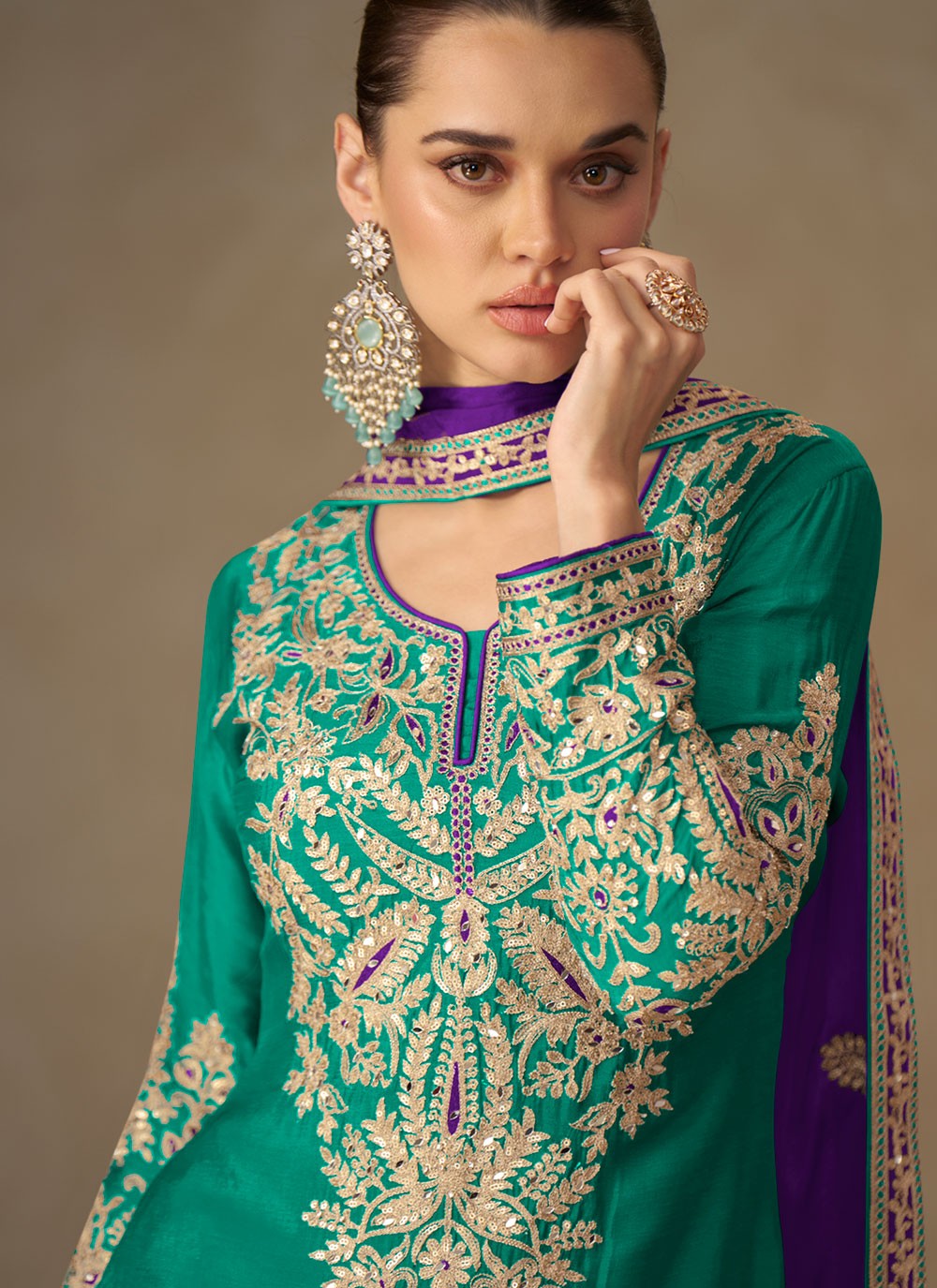 Palazzo Suit Embroidered, Mirror, Sequins, Zari Rama T8350