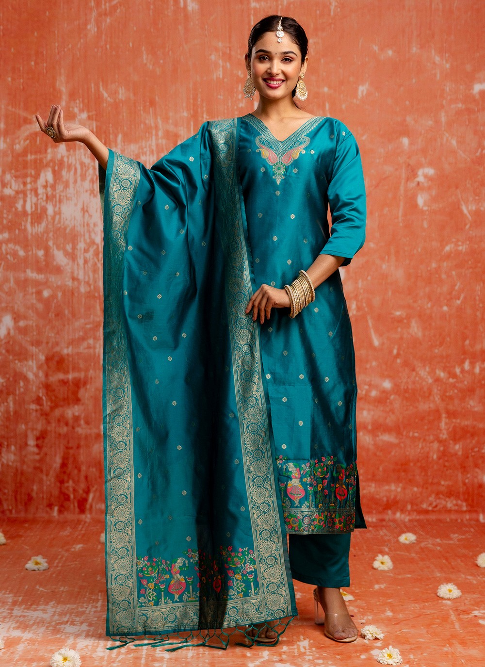 Pant Style Suit Jacquard Work, Zari Rama T7292