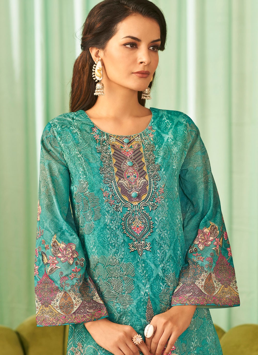 Pant Style Suit Digital Print, Embroidered, Resham Thread Work Rama T8126