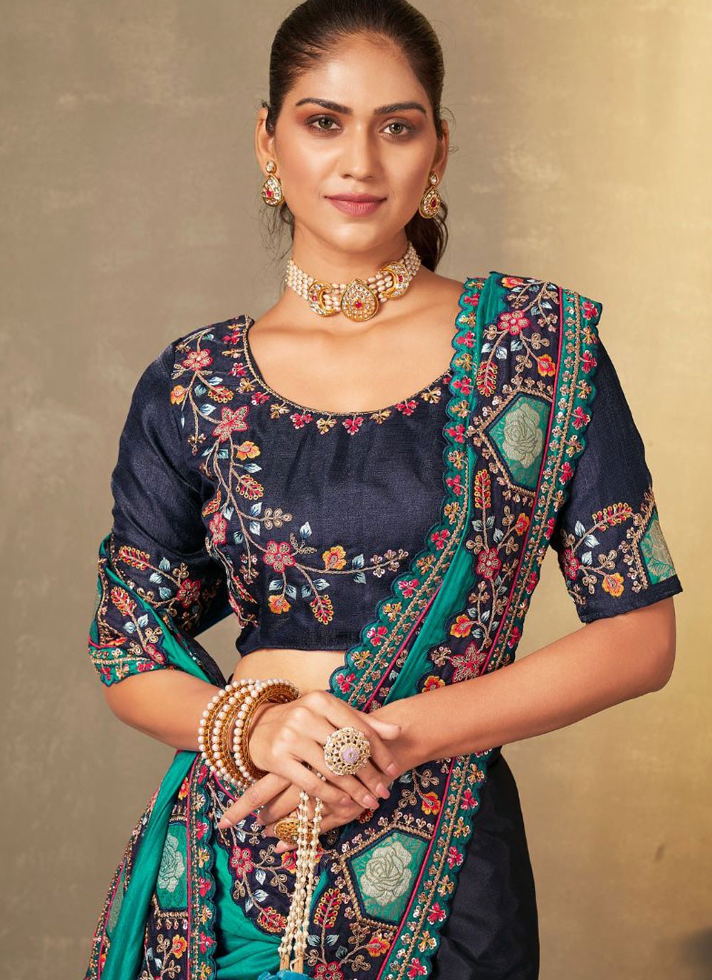 Trendy Saree Cut Work Rama Silk Saree S13370