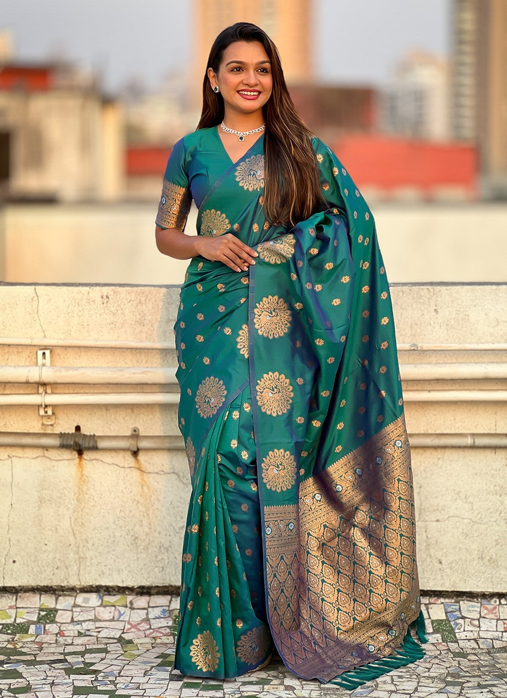 Woven Silk Rama Saree S14678