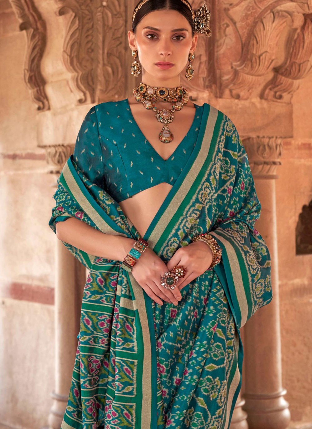 Traditional Paisley Printed Rama Georgette Saree S13201