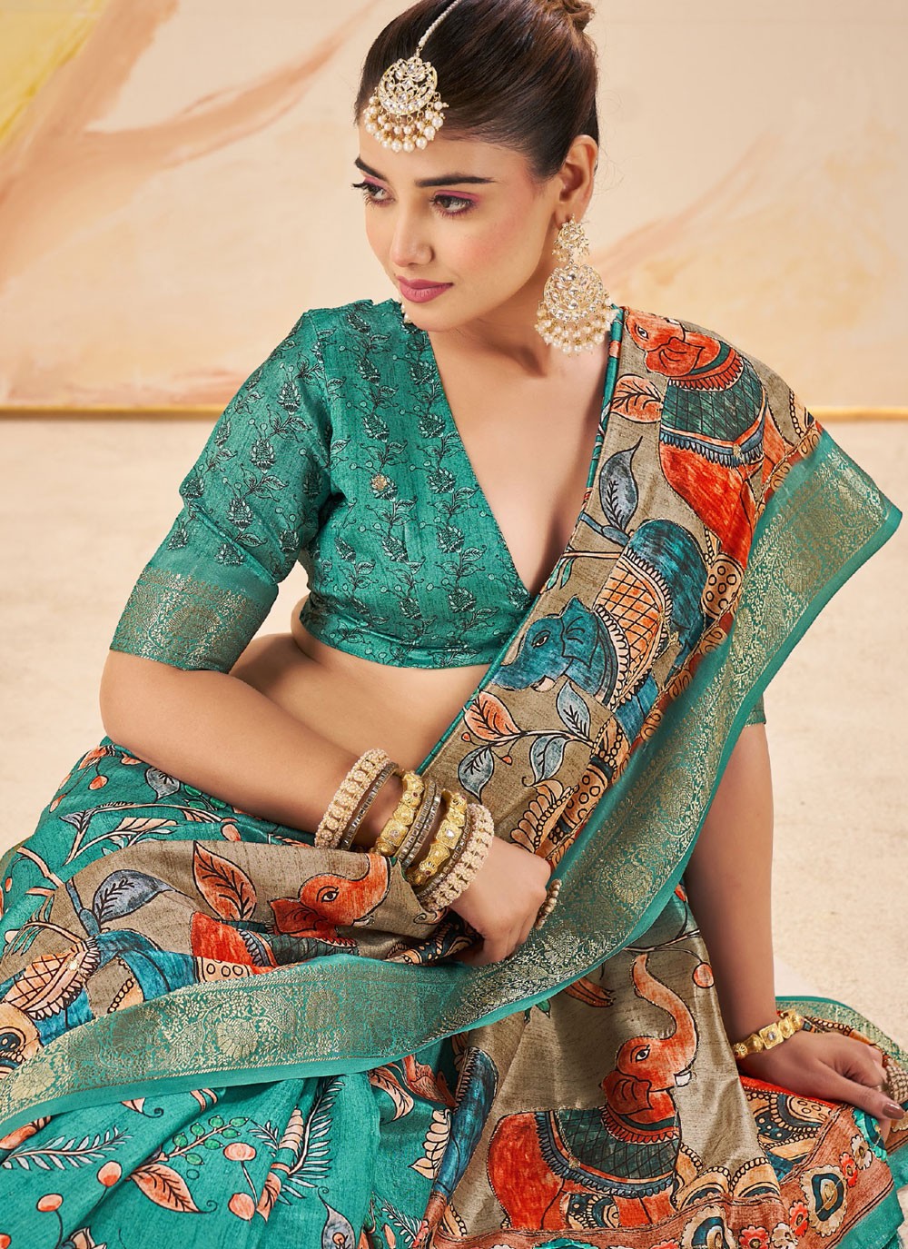 Rama Silk Designer Saree Printed, Weaving Zari S19098