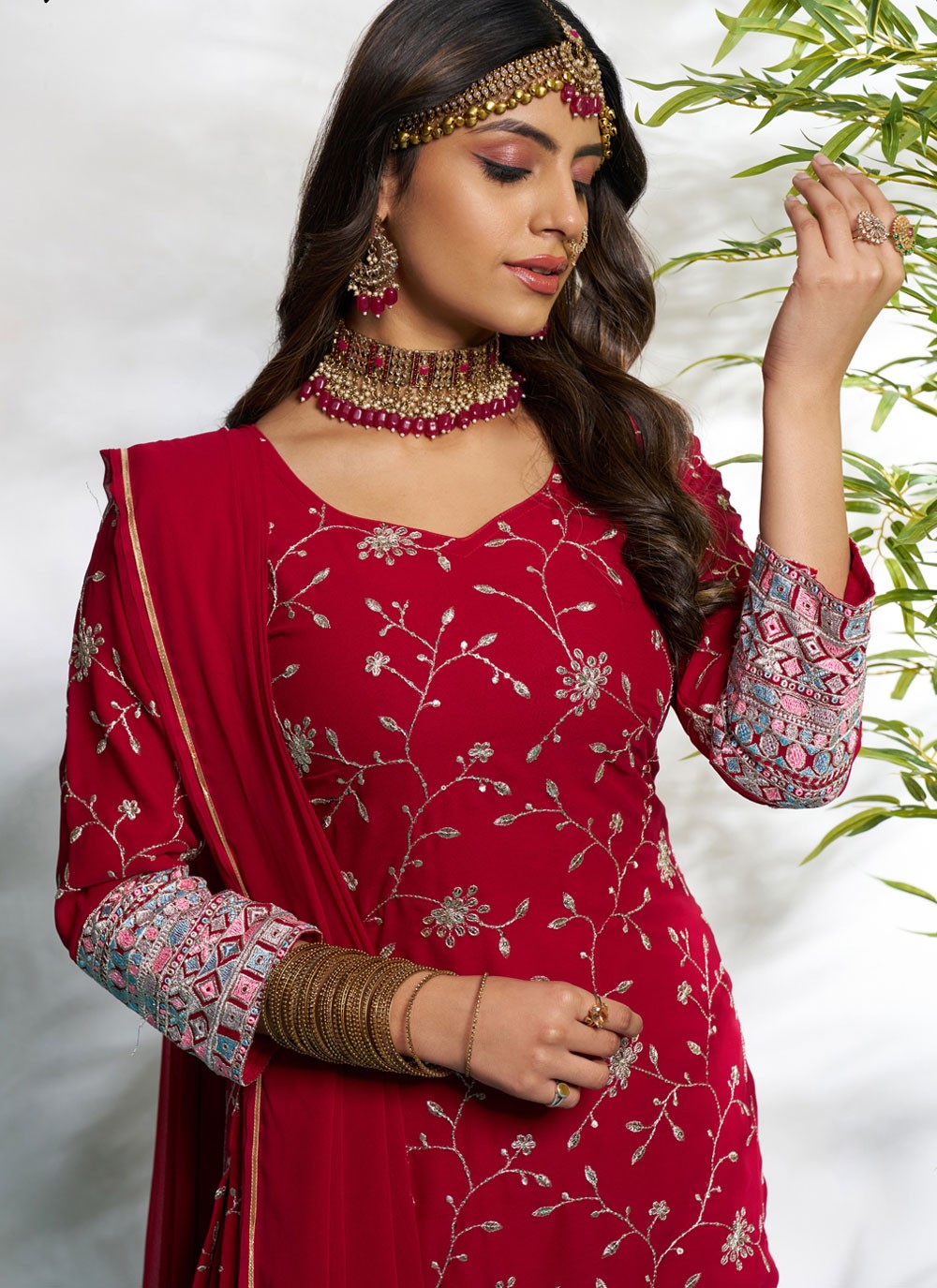 Salwar Suit Embroidered Hot Pink, Red Faux Georgette T5616