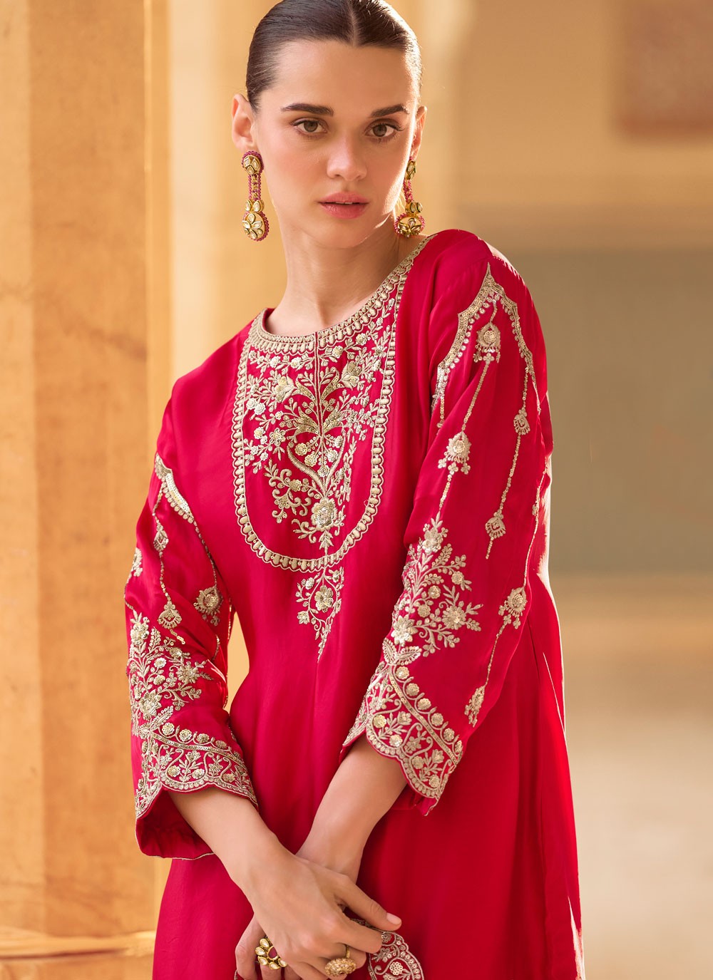 Salwar Suit Embroidered Hot Pink, Red Crepe Silk T5423