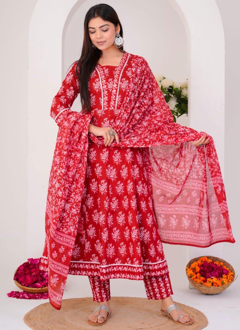 Salwar Suit Floral Printed Hot Pink, Red Cotton T5702