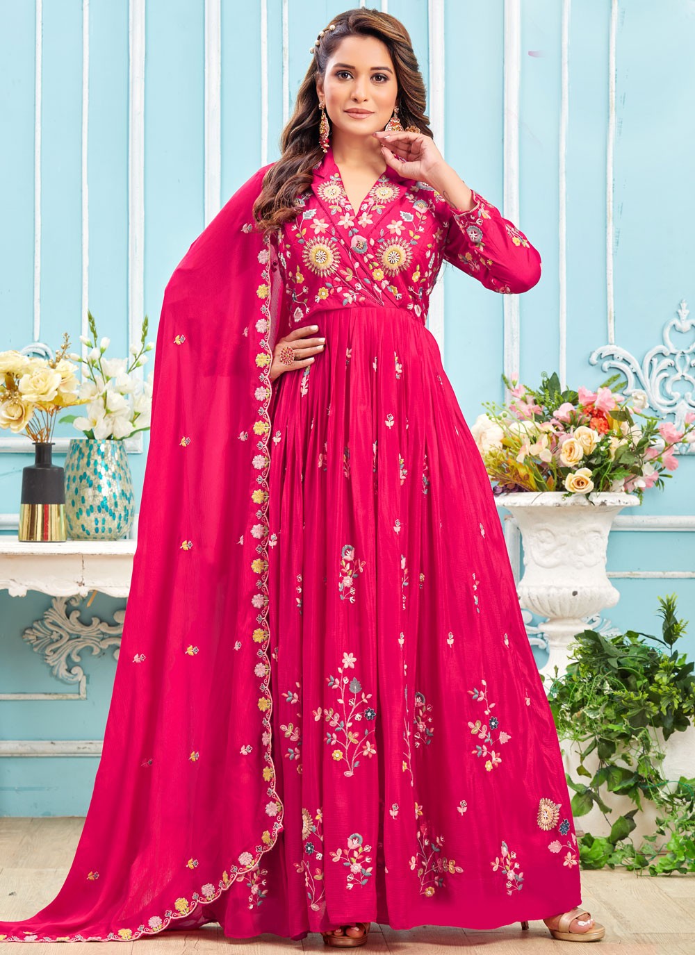 Embroidered Georgette Hot Pink Gown G1963