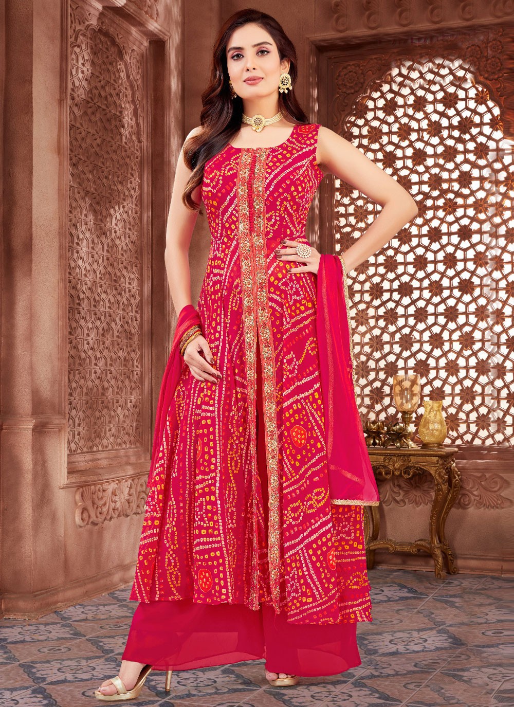 Salwar Suit Embroidered Hot Pink, Red Georgette T5058