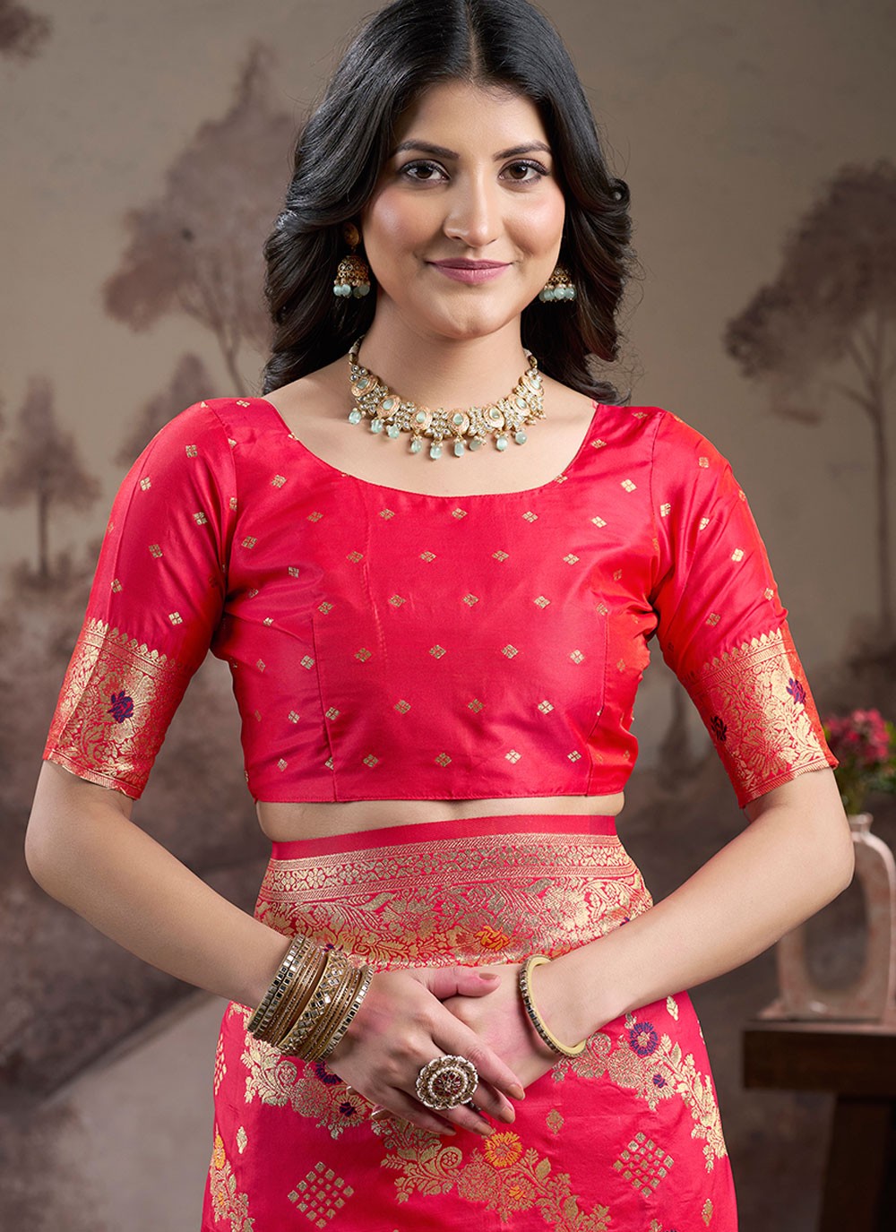 Designer Jacquard Work Hot Pink, Red Jacquard Silk S12592