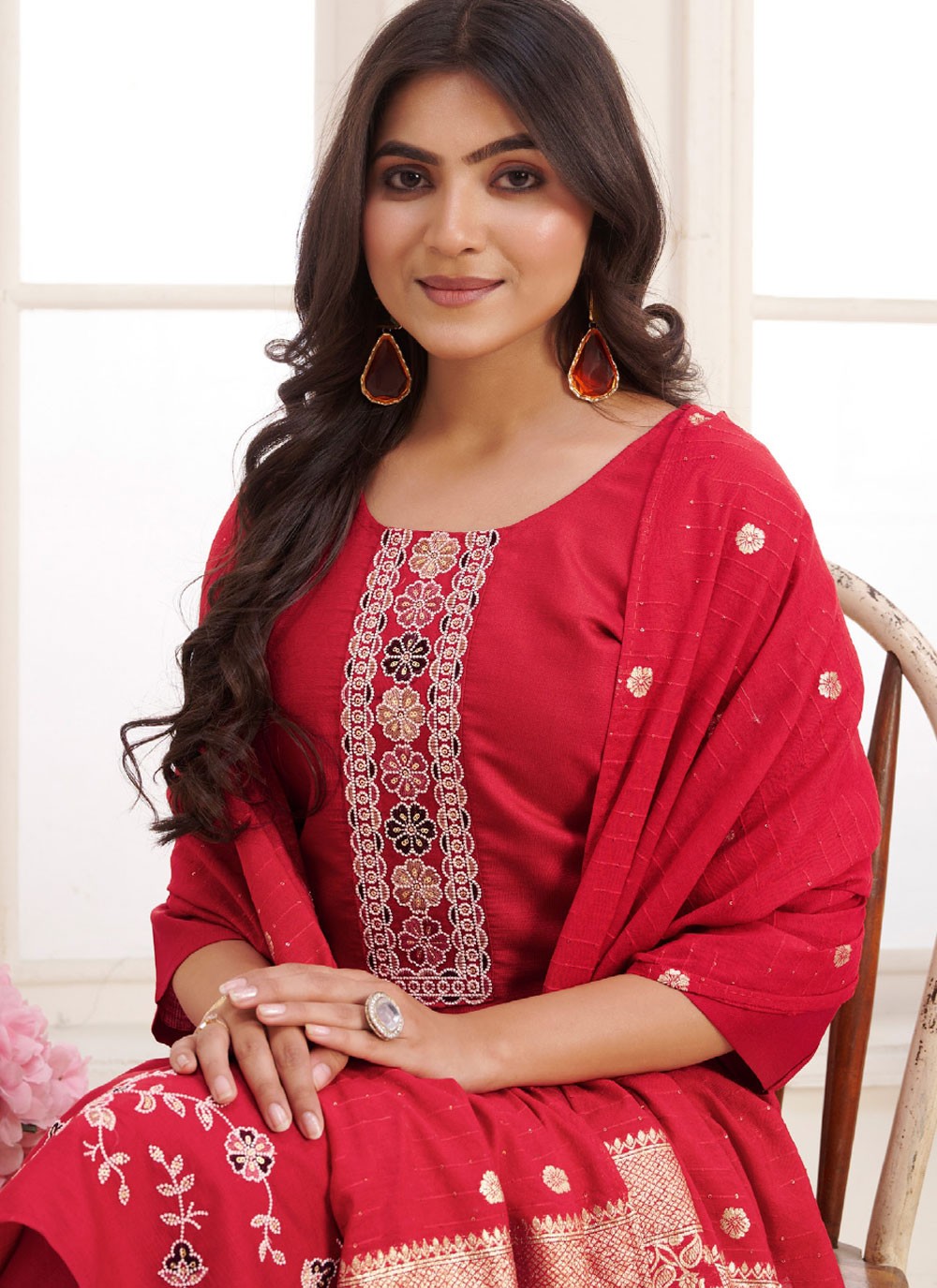 Embroidered Silk Hot Pink Pant Style Suit T6584