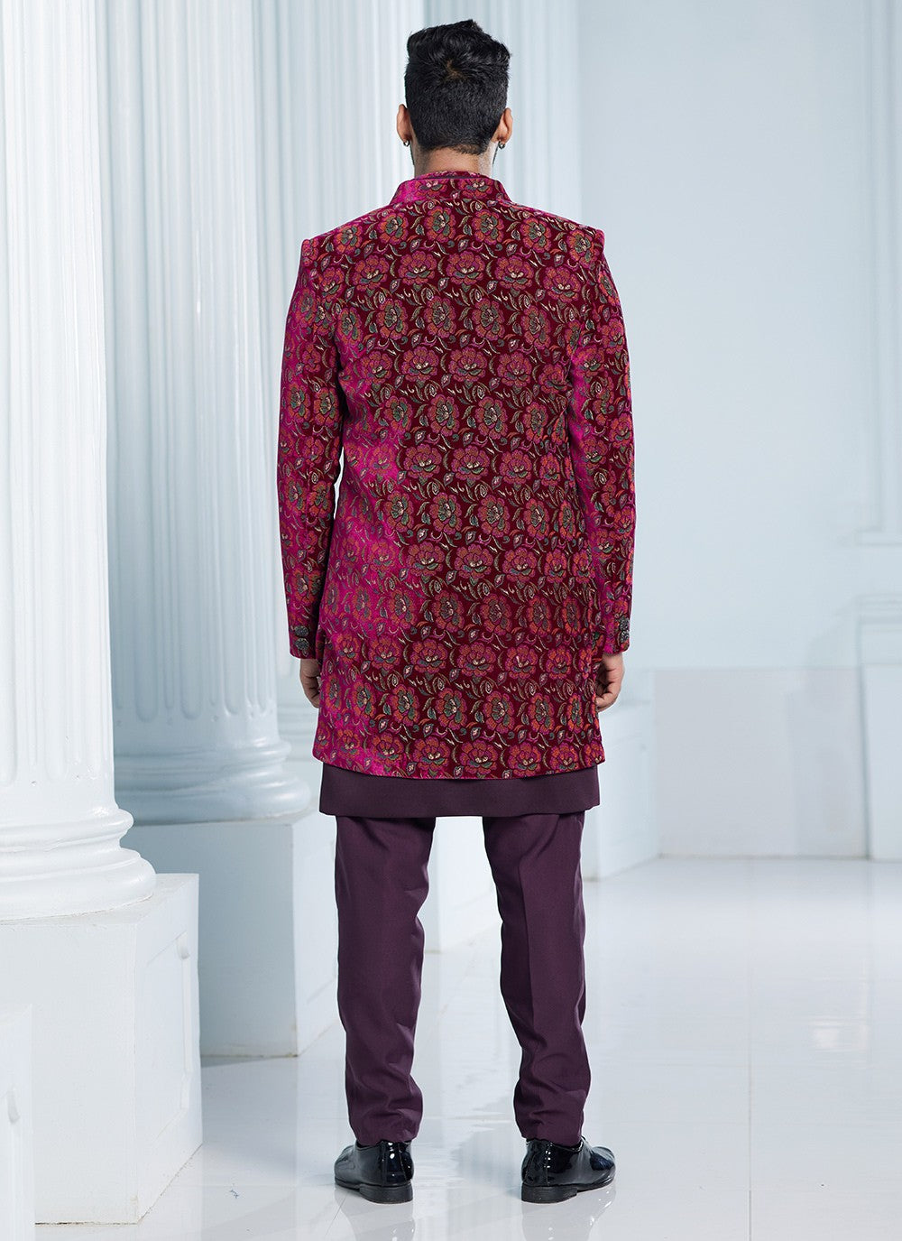 Fancy Work Velvet Hot Pink, Wine Indo Western Sherwani - M6111