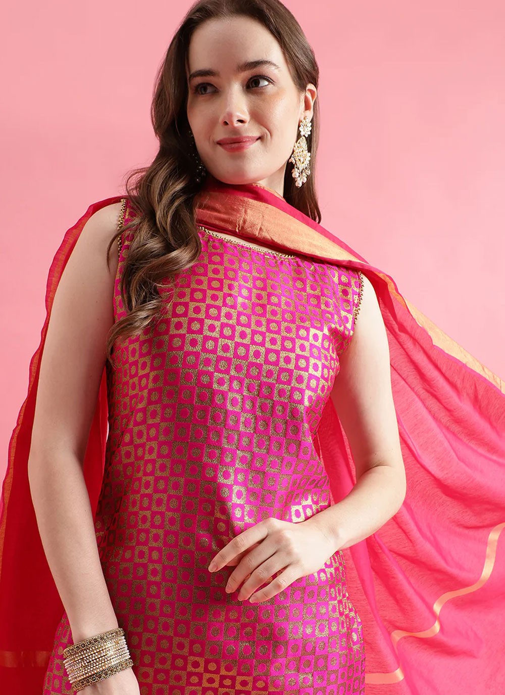Jacquard Work Silk Blend Hot Pink Salwar Suit T6321