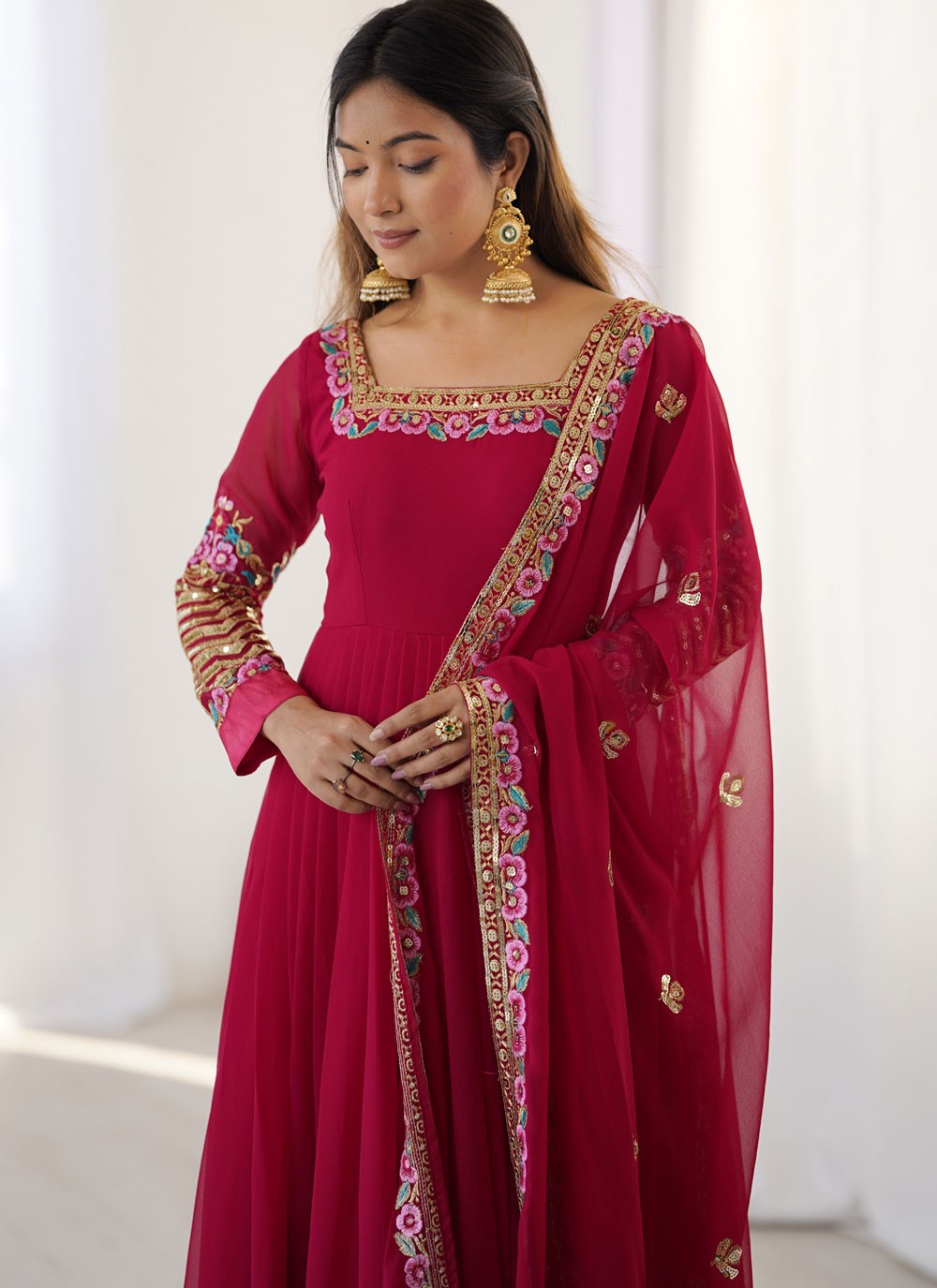 Anarkali Embroidered, Multi Work, Sequins, Thread Hot Pink T8310