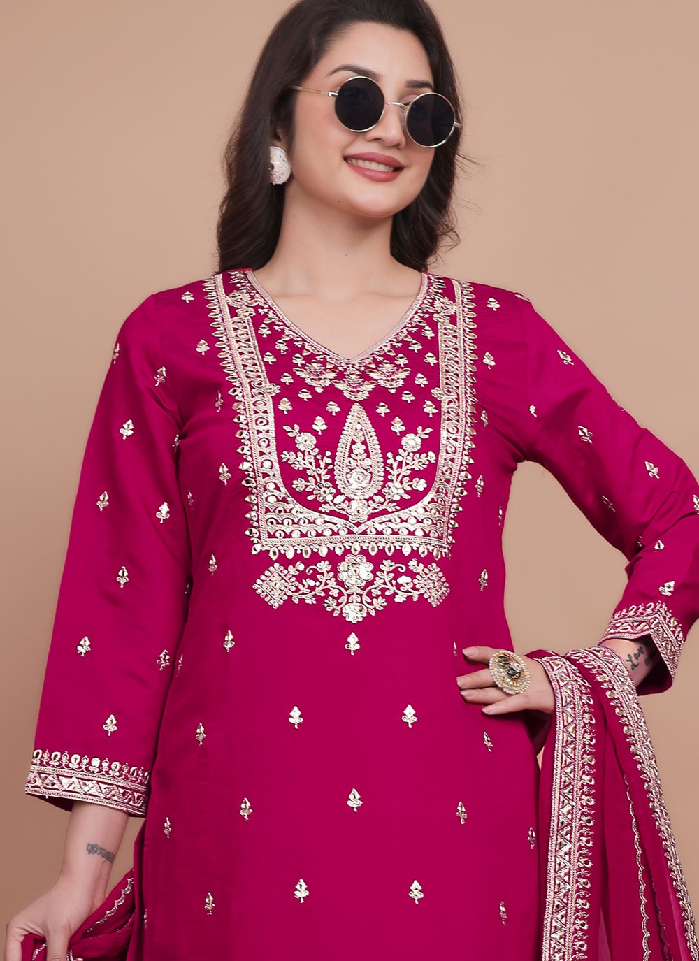Pant Style Suit Embroidered, Zari Hot Pink T7704