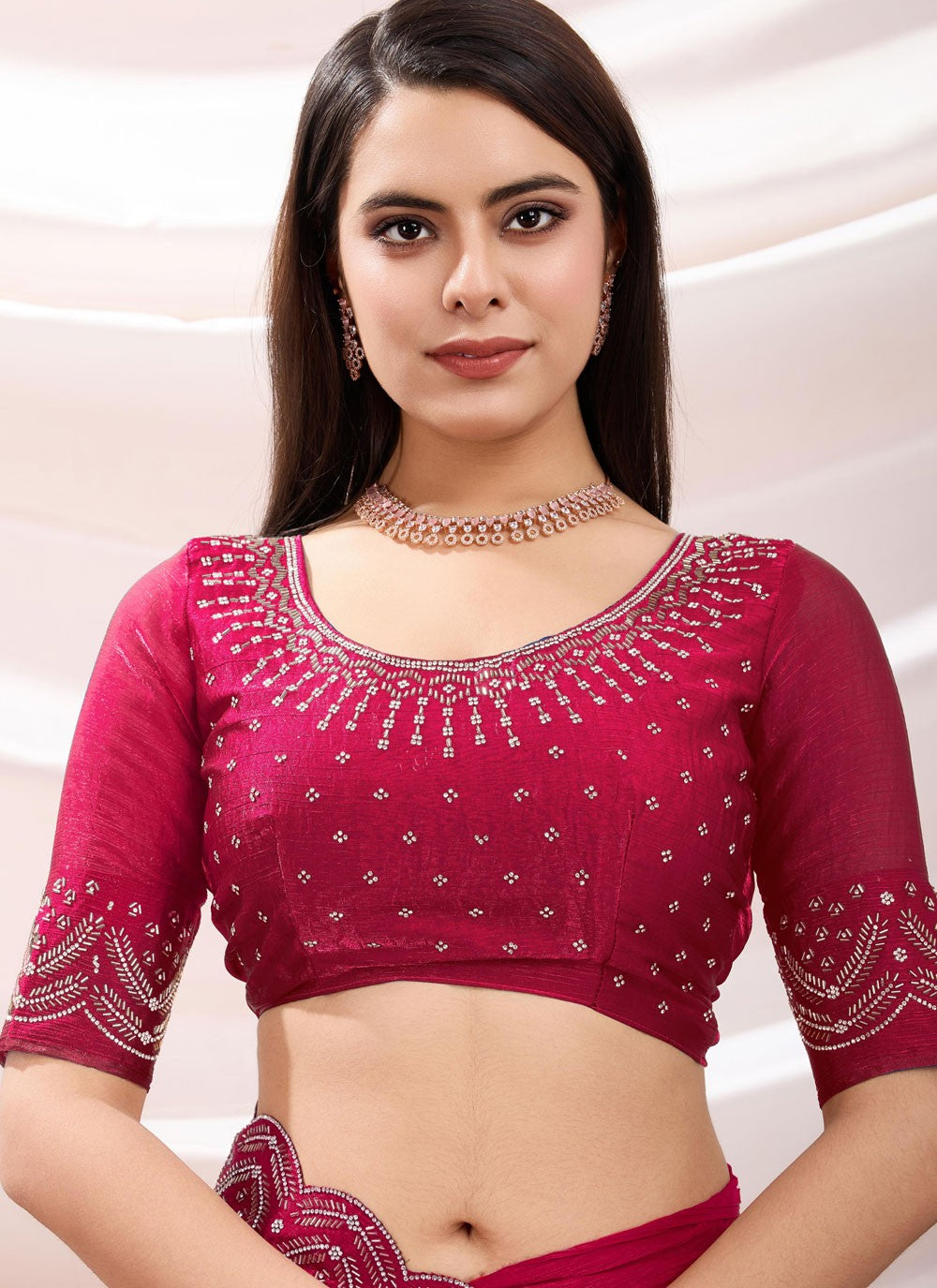 Contemporary Beads Hot Pink Chiffon Saree S13404