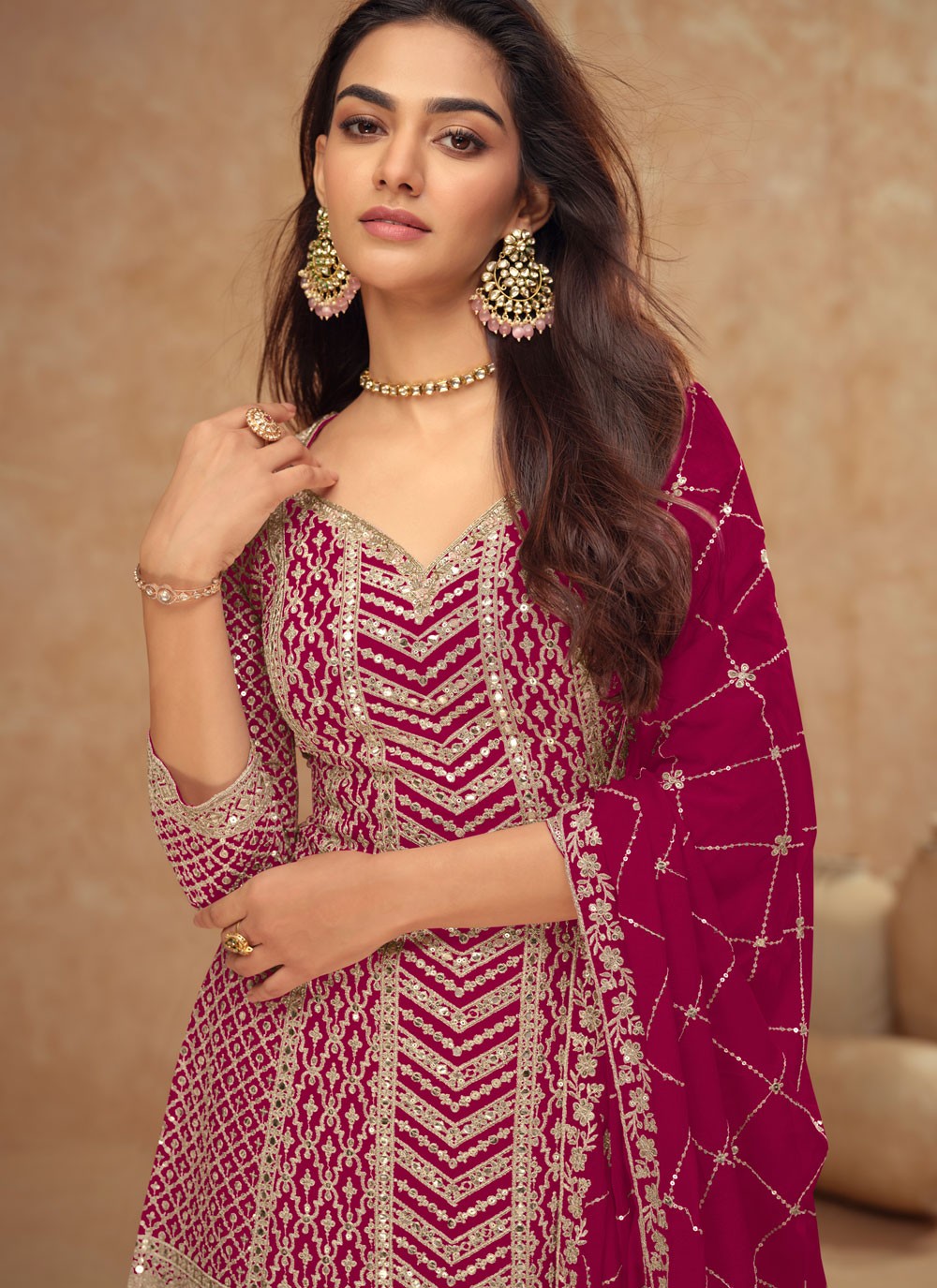 Embroidered Chinon Hot Pink Palazzo Suit T5990