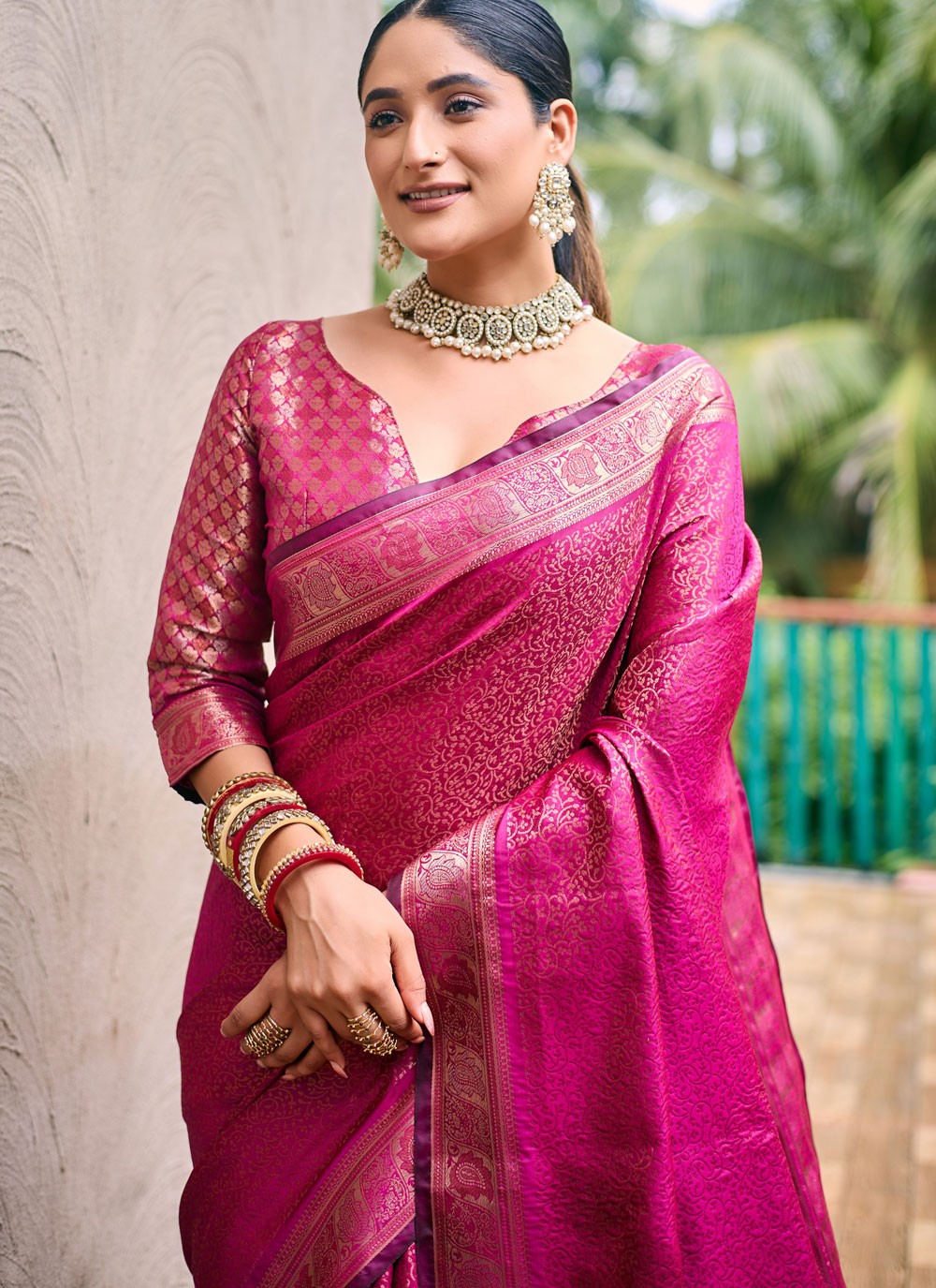 Classic Saree Woven Hot Pink Kanjivaram Silk S12526